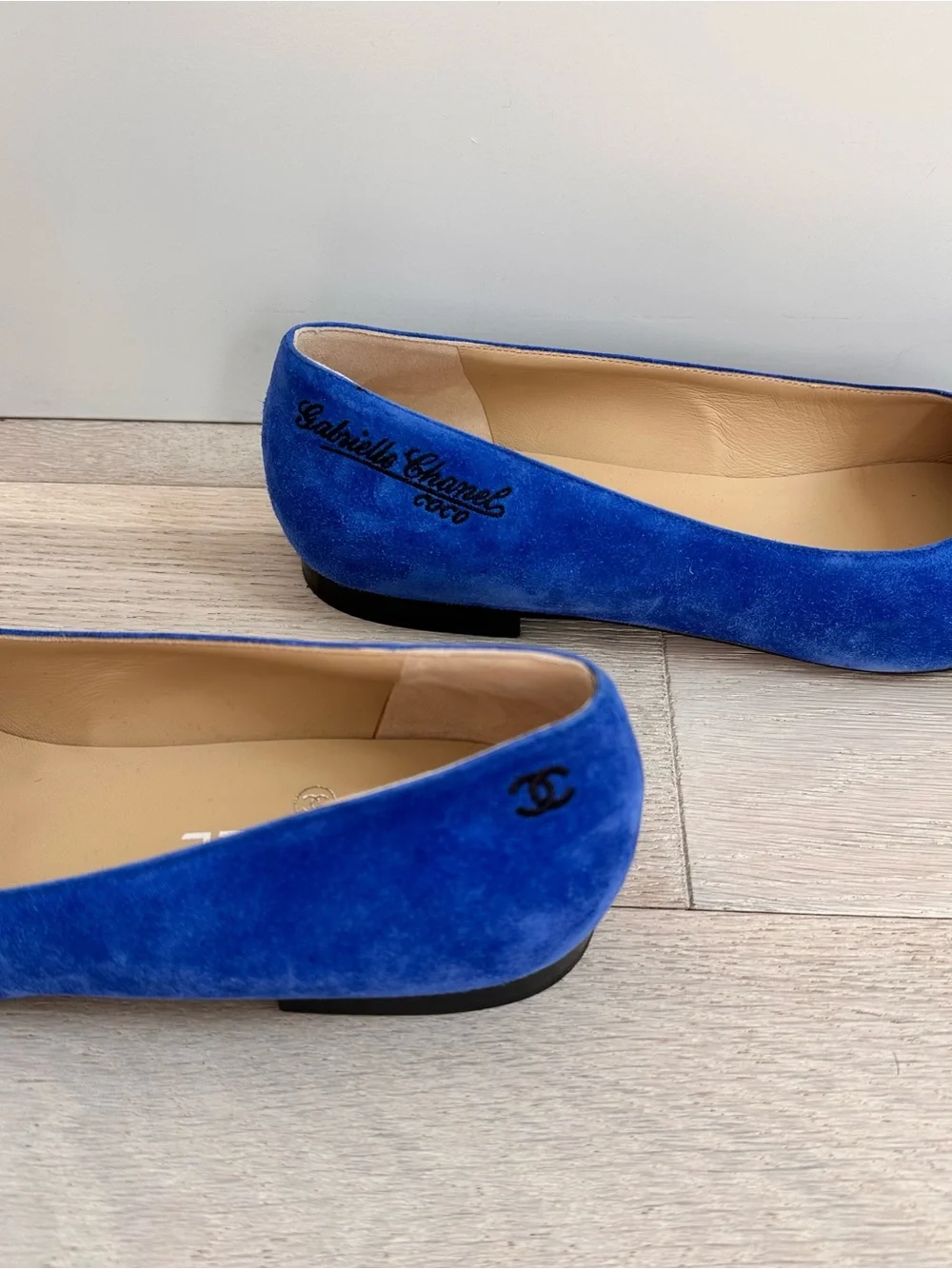 CHANEL Royal Blue Suede Pointed Flats with Black Satin Toe